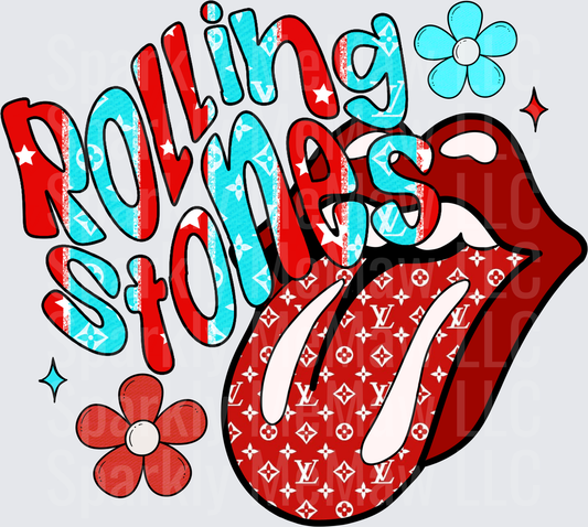 Rolling Stones Lips with Louis Vuitton Pattern and Retro Flowers UV DTF Decal