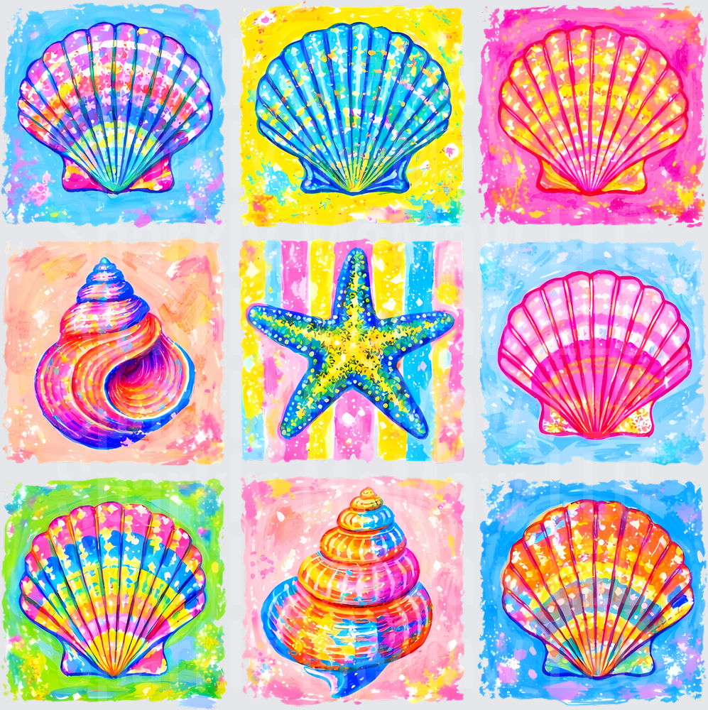 Vibrant Watercolor Seashells Starfish and Spiral Shell Collection UV DTF Decal