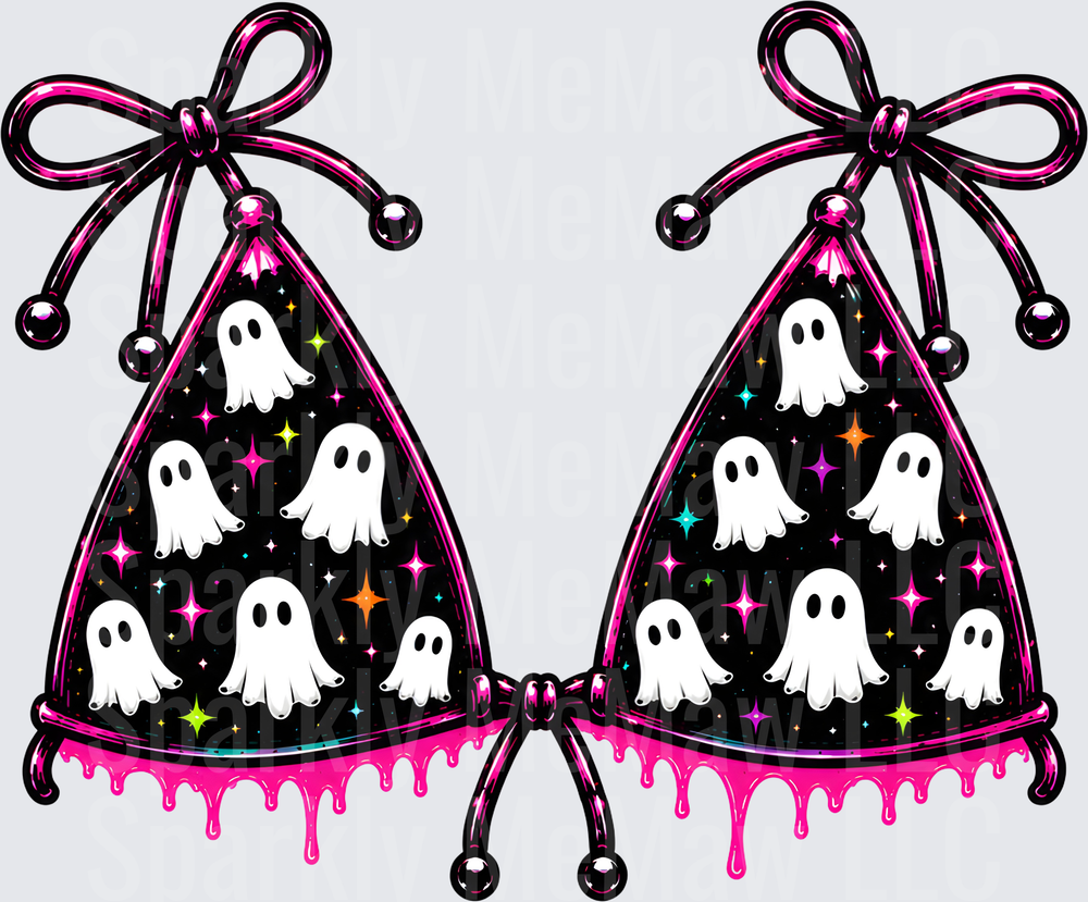 Kawaii Ghost Bra Top with Pink Drip Effect and Colorful Stars DTF Transfer for Fabric