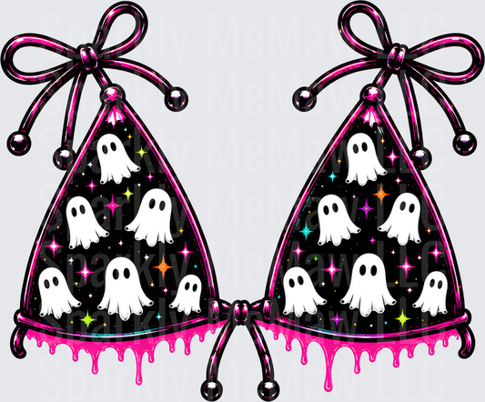 Kawaii Ghost Bra Top with Pink Drip Effect and Colorful Stars DTF Transfer for Fabric