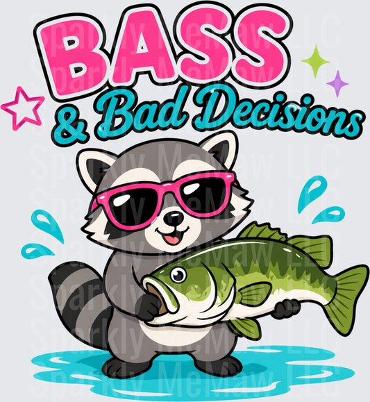 Bass and Bad Decisions Cool Raccoon with Sunglasses Holding Fish DTF Transfer for Fabric