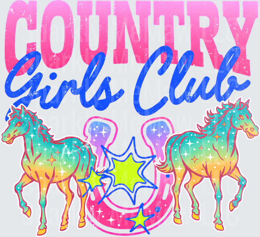 Country Girls Club Rainbow Horses Horseshoe Stars DTF Transfer for Fabric