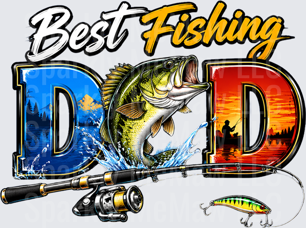 Best Fishing Dad Bass Jumping with Rod and Reel Scenic Lake Design DTF Transfer for Fabric