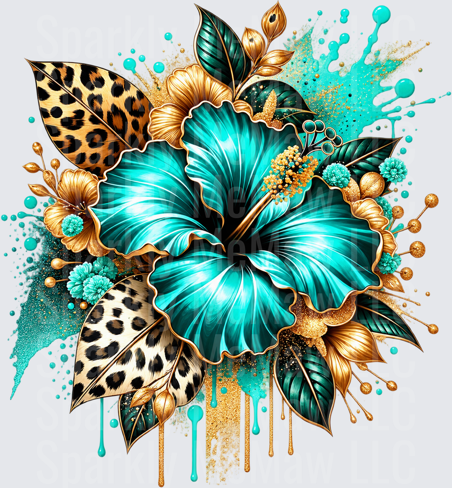 Teal Hibiscus Leopard Gold Splash UV DTF Decal