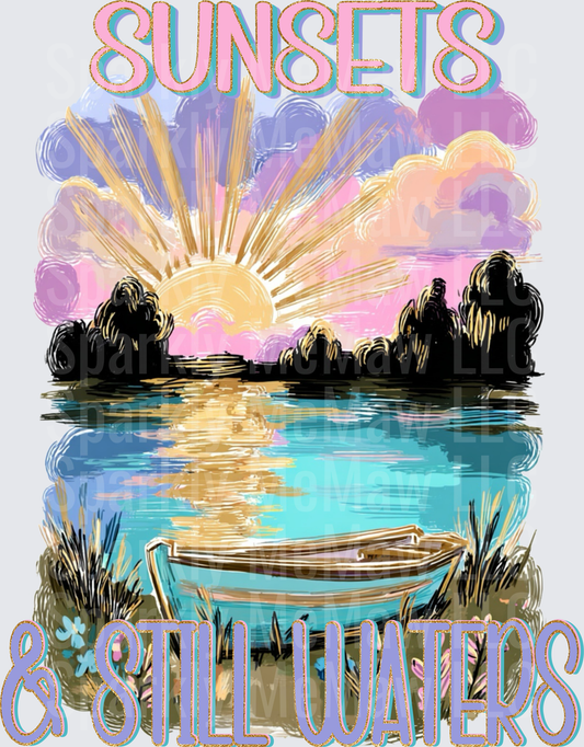 Sunsets & Still Waters Lakeside Rowboat Scene DTF Transfer (fabrics)