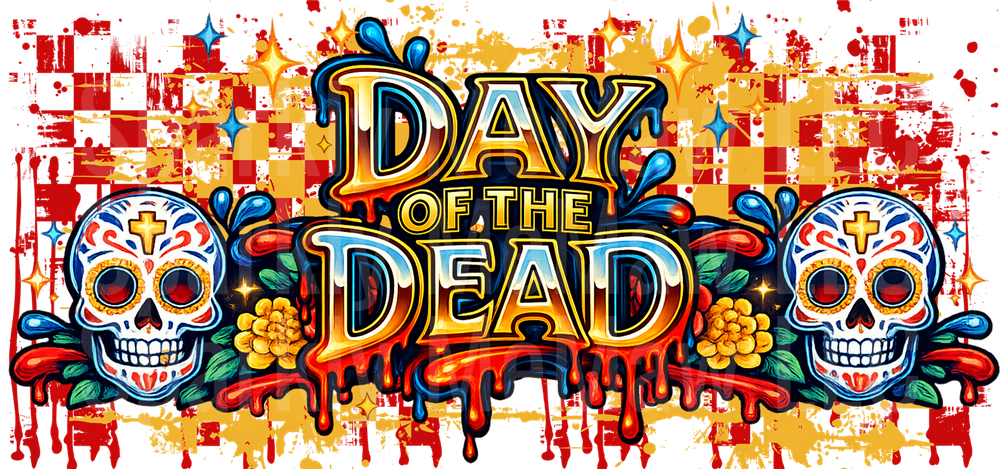 Day of the Dead Sugar Skulls with Marigolds and Dripping Text UV DTF wrap