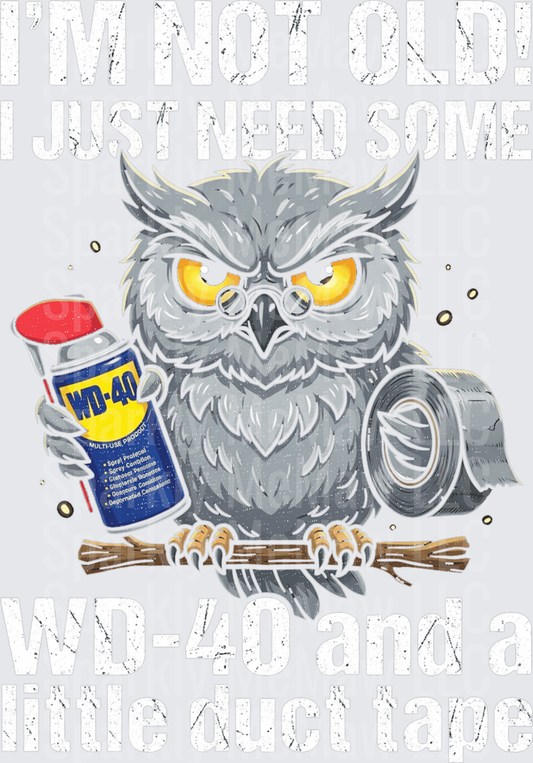 Grumpy Mechanic Owl Holding WD-40 Spray Can and Duct Tape DTF Transfer