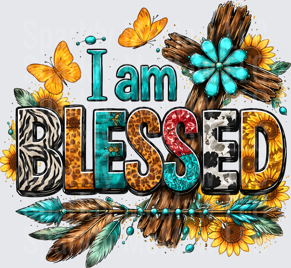 I Am Blessed Inspirational Quote with Sunflowers Butterflies and Cross