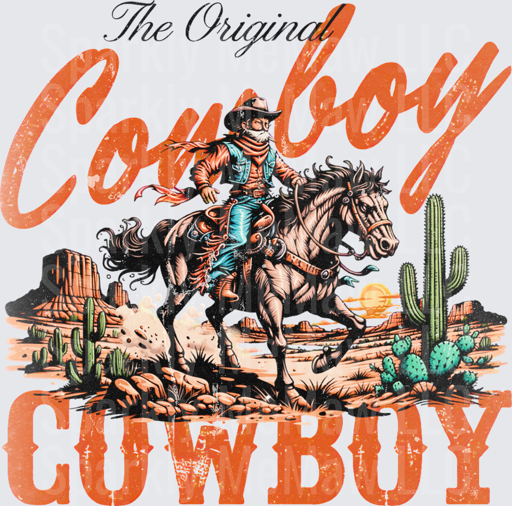 The Original Cowboy Western Rider On Horseback Desert Sunset Cactus Scene DTF Transfer for Fabric