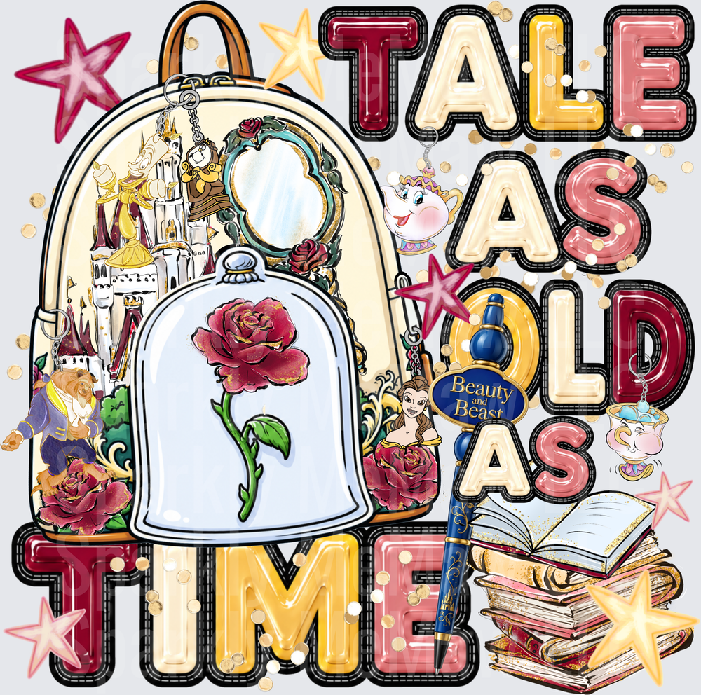 Beauty and the Beast Tale As Old As Time Enchanted Rose Glass Dome Backpack Books Castle Characters DTF Transfer for Fabric