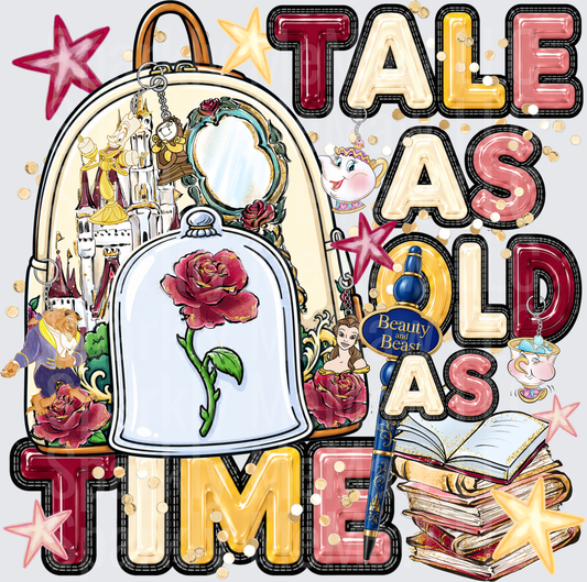 Beauty and the Beast Tale As Old As Time Enchanted Rose Glass Dome Backpack Books Castle Characters DTF Transfer for Fabric
