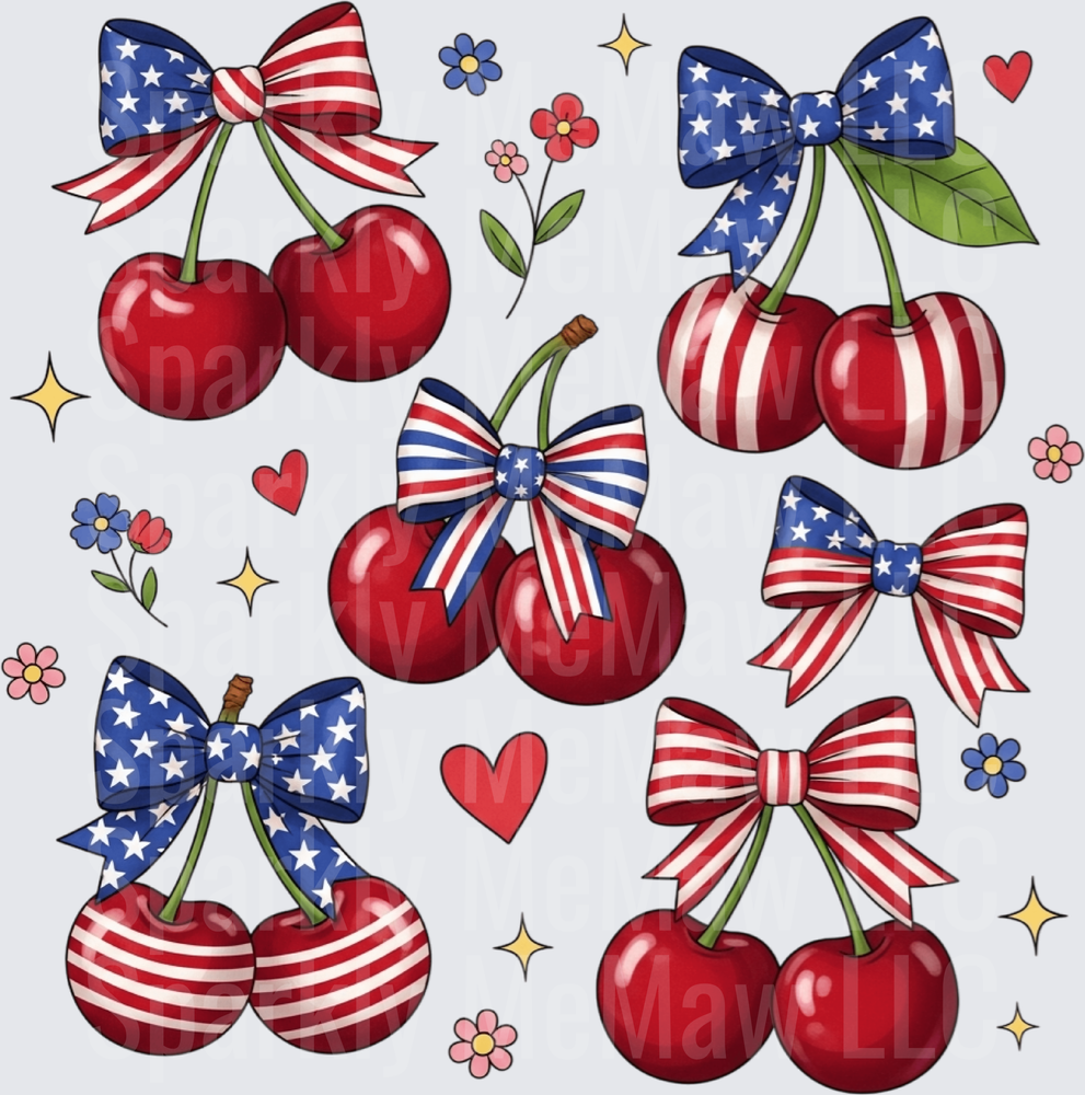 Patriotic Cherries with Stars and Stripes Bows Pattern