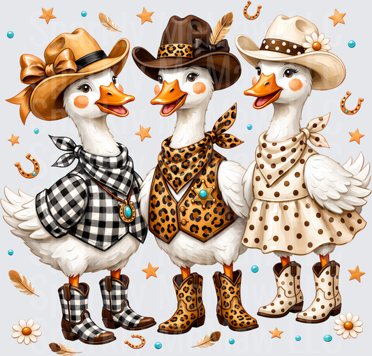 Three Cowgirl Ducks in Western Outfits Buffalo Plaid Leopard Print and Polka Dot with Cowboy Hats and Boots DTF Transfer for Fabrics