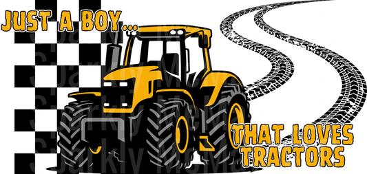 Just A Boy That Loves Tractors Yellow Farm Tractor with Tire Tracks UV DTF Decal