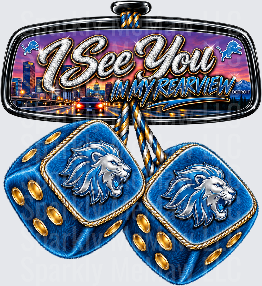 Detroit Lions I See You Rearview Mirror Fuzzy Dice is a UV DTF Decal