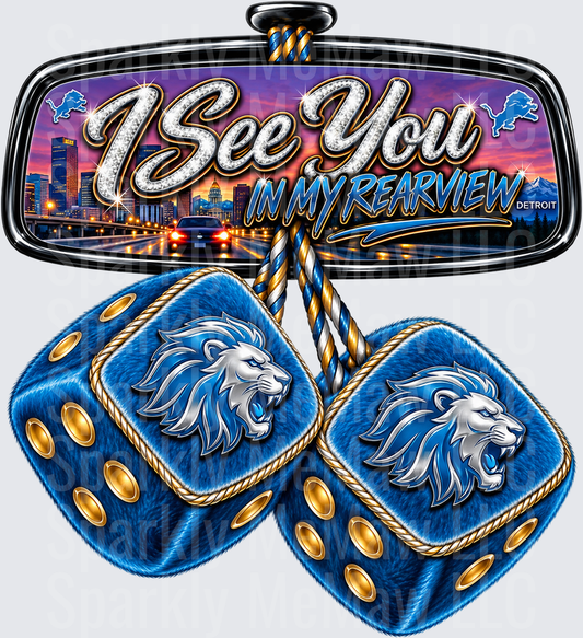 Detroit Lions I See You Rearview Mirror Fuzzy Dice is a UV DTF Decal