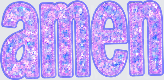 Amen Glitter Sequin Purple Pink Bubble Letter Word Art DTF Transfer for Fabrics