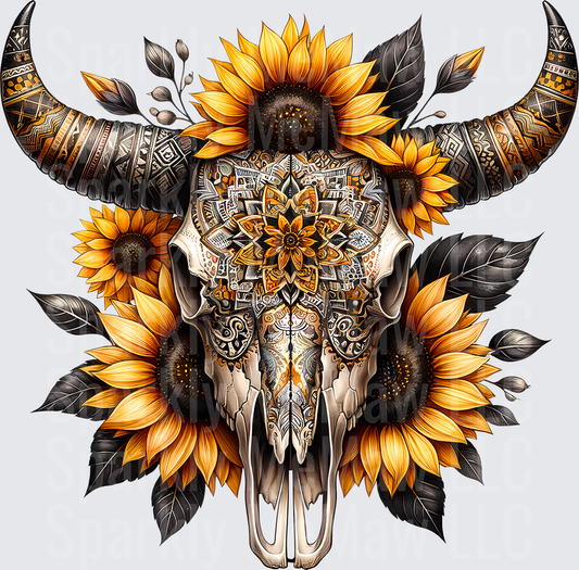Boho Bull Skull Sunflowers is a UV DTF Decal