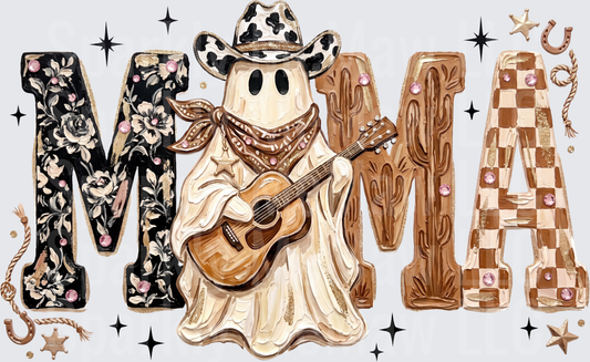 Mama Cowboy Ghost Playing Guitar Western Halloween UV DTF Decal with Floral Checkered Cactus Boho Letters Pink Rhinestones Sheriff Star