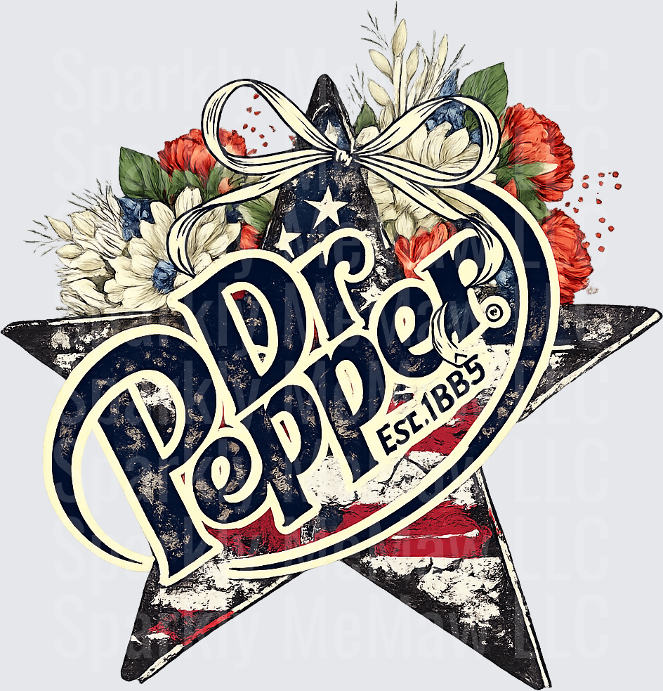 Dr Pepper Est. 1885 Patriotic Distressed Star with Red White and Blue Floral Bouquet and Bow UV DTF Decal