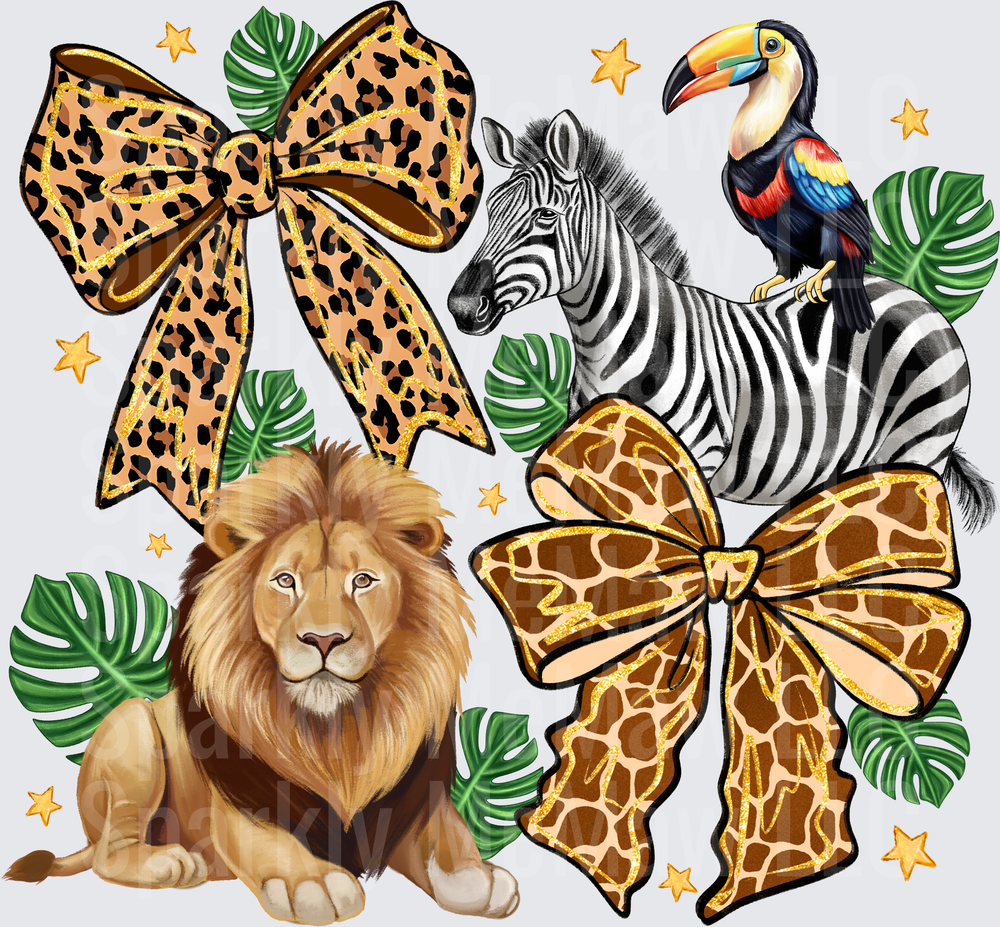 Safari Animals with Leopard and Giraffe Print Bows Toucan Lion Zebra Tropical Leaves DTF Transfer for Fabric