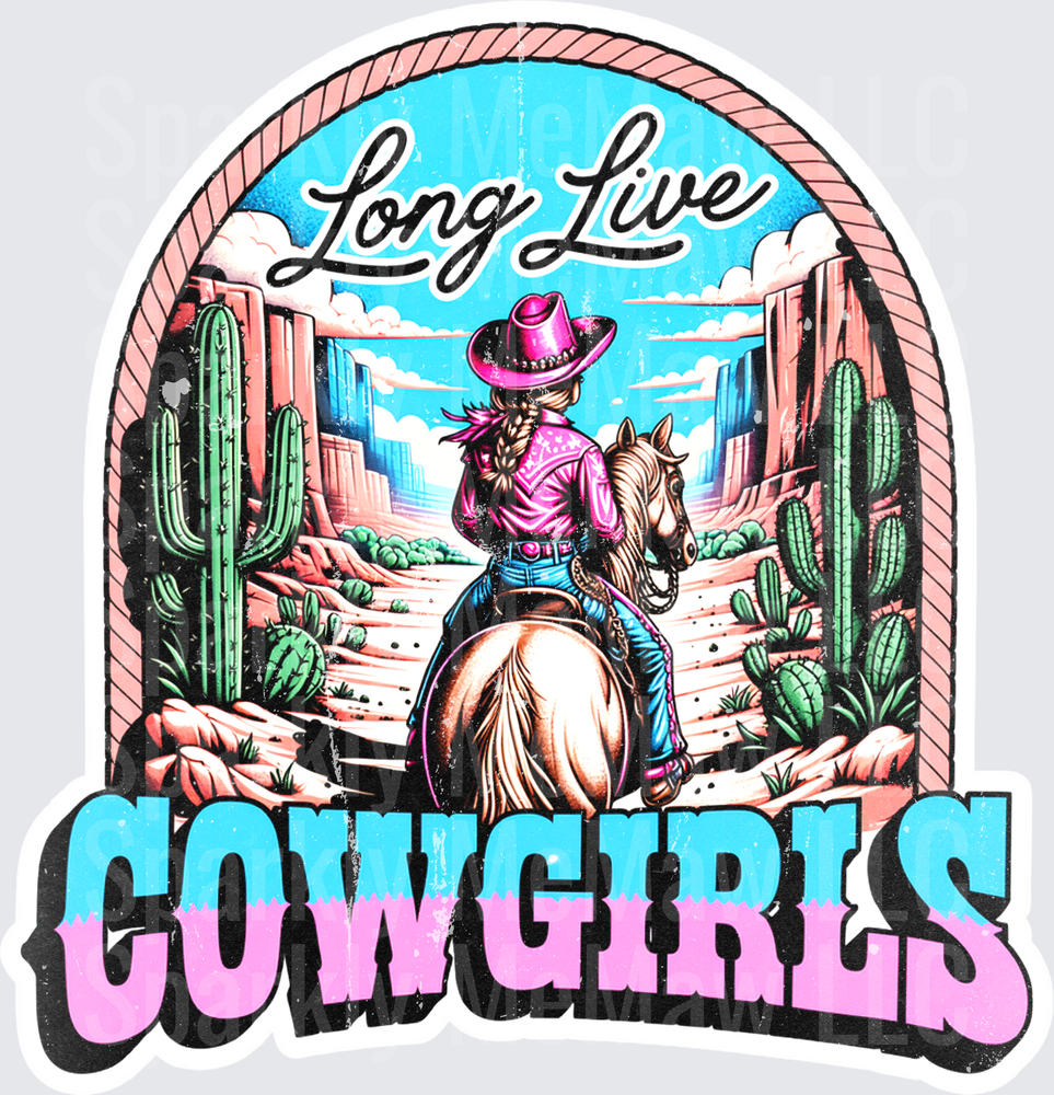 Long Live Cowgirls Pink Western Cowgirl Riding Horse Through Desert Canyon Cactus Scene DTF Transfer for Fabric