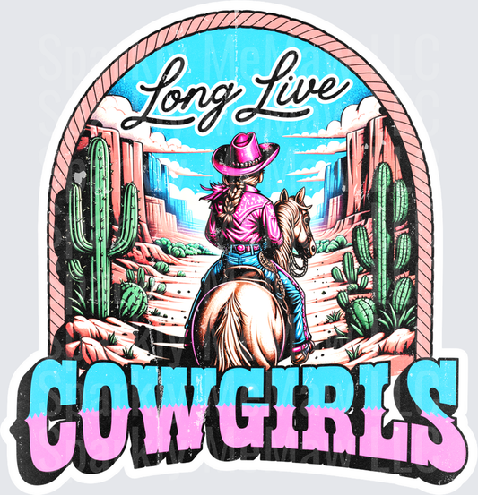 Long Live Cowgirls Pink Western Cowgirl Riding Horse Through Desert Canyon Cactus Scene DTF Transfer for Fabric