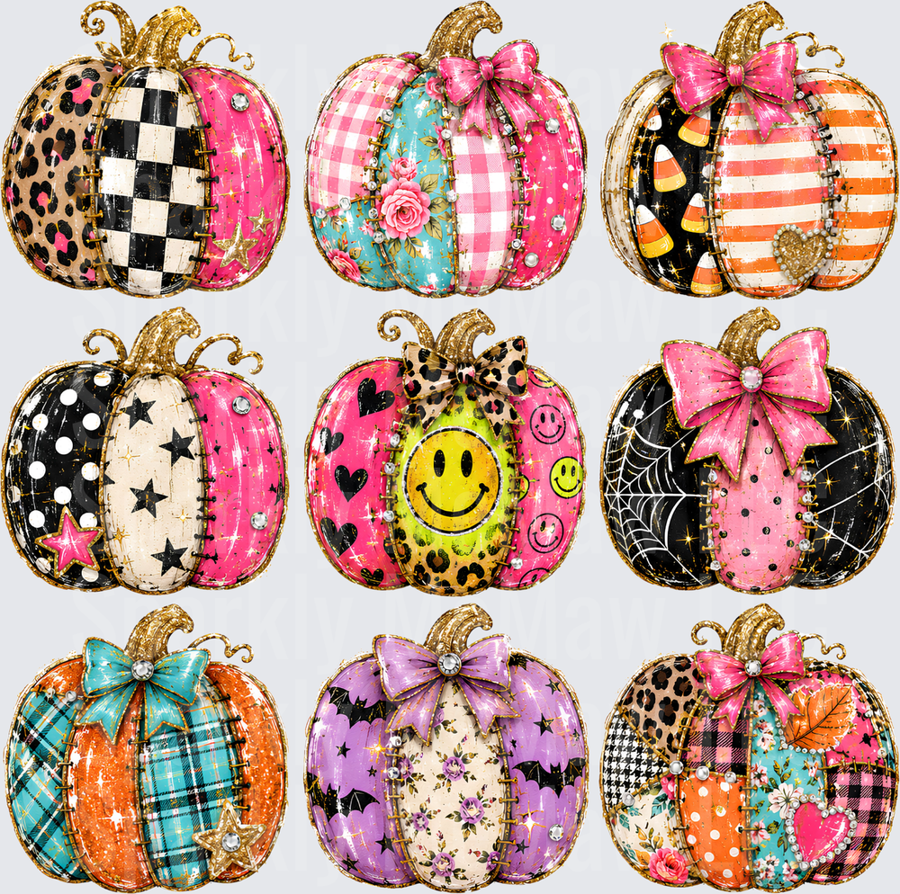 Boujee Patchwork Halloween Pumpkins Pink Bow Leopard Checkered Smiley Face Glitter Set of 9 UV DTF 10x10 element sheet