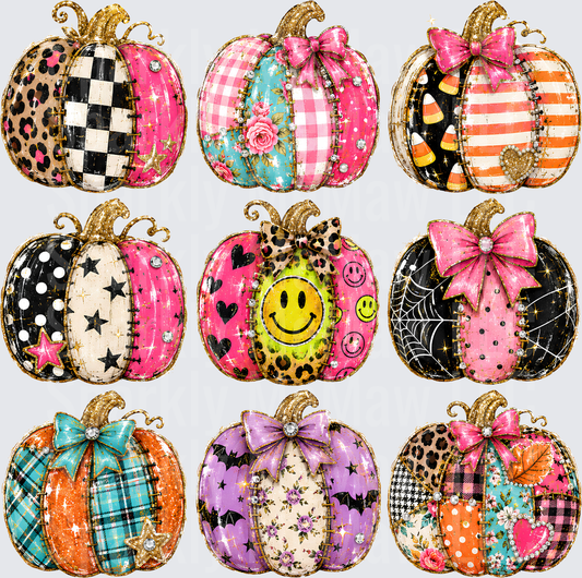 Boujee Patchwork Halloween Pumpkins Pink Bow Leopard Checkered Smiley Face Glitter Set of 9 UV DTF 10x10 element sheet