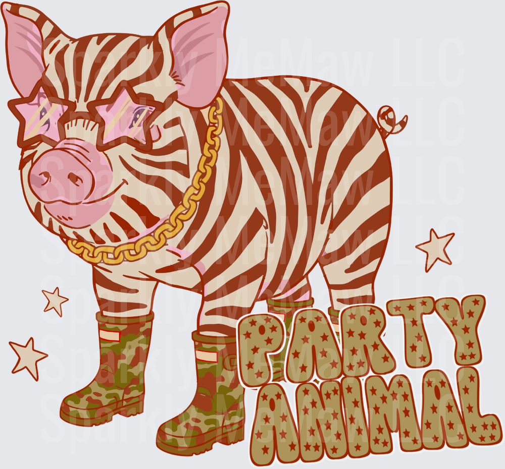 Party Animal Zebra Striped Pig with Star Sunglasses and Camo Boots UV DTF Decal