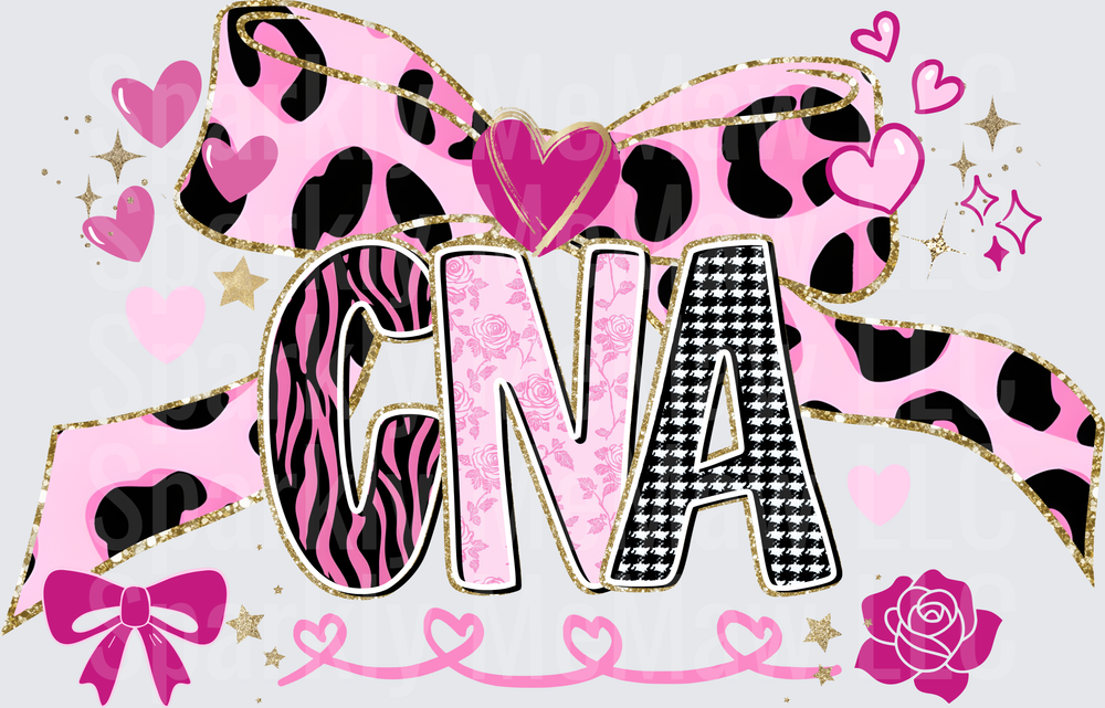 CNA Pink Leopard Zebra Houndstooth Mixed Pattern Letters with Gold Glitter Bow Hearts and Roses DTF Fabric Transfer