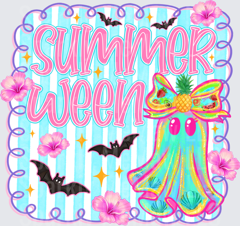 Summerween UV DTF Decal Cute Teal Ghost with Tropical Fruit Bow Hibiscus Flowers Bats and Seashells on Blue Striped Background