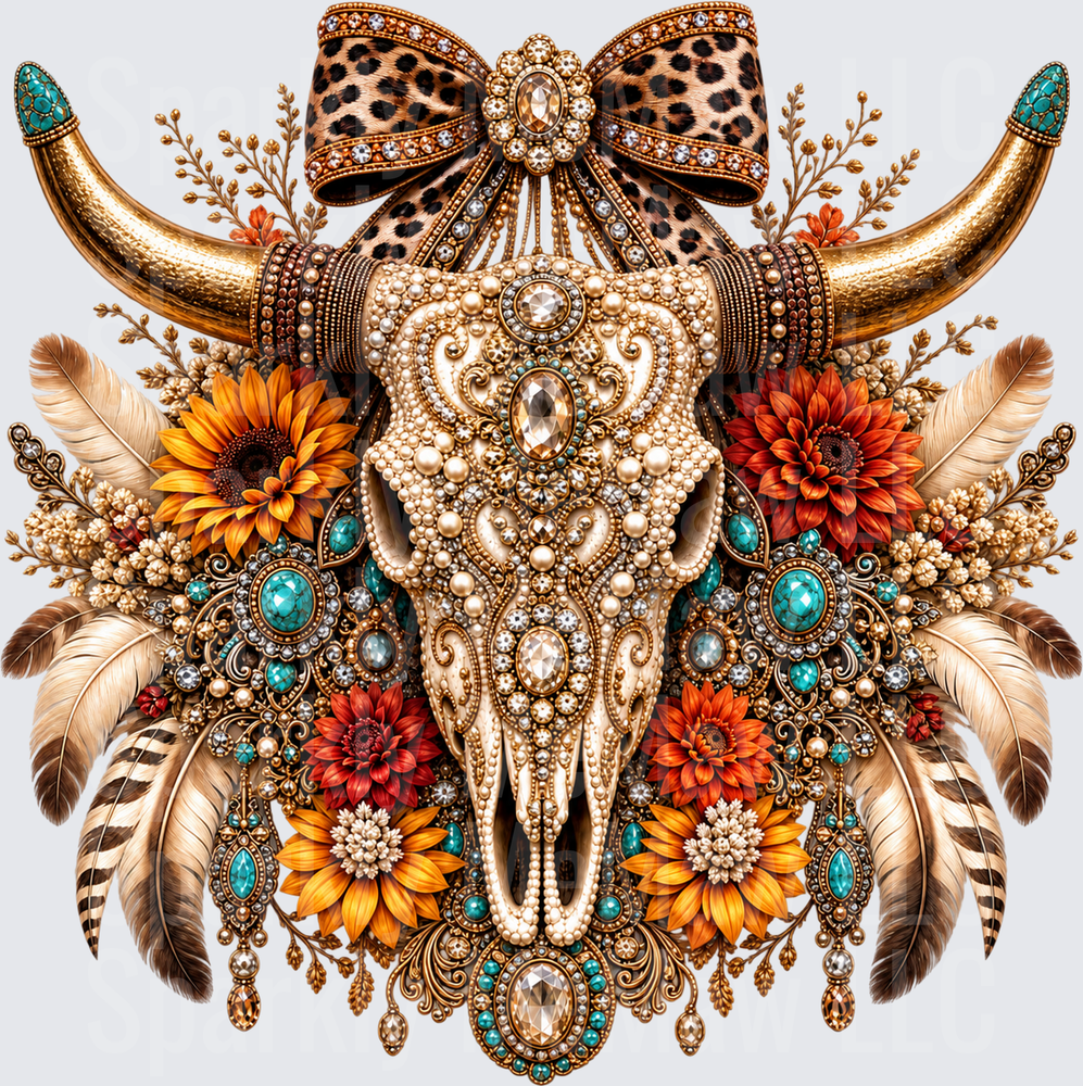 Boho Jeweled Bull Skull DTF Transfer for Fabrics