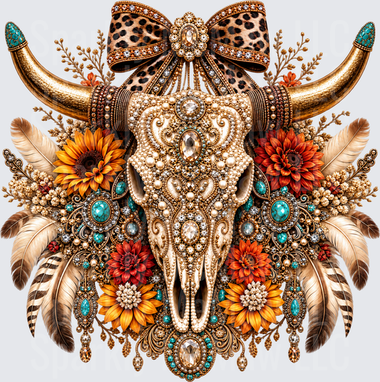 Boho Jeweled Bull Skull DTF Transfer for Fabrics