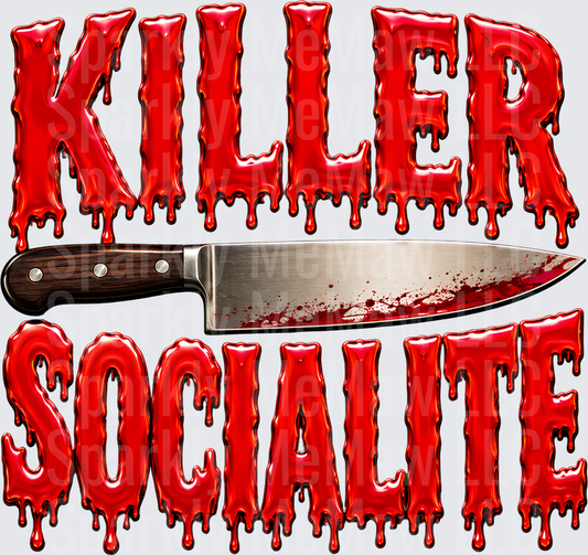 Killer Socialite Bloody Dripping Text with Blood Splattered Chef Knife DTF Transfer for Fabrics