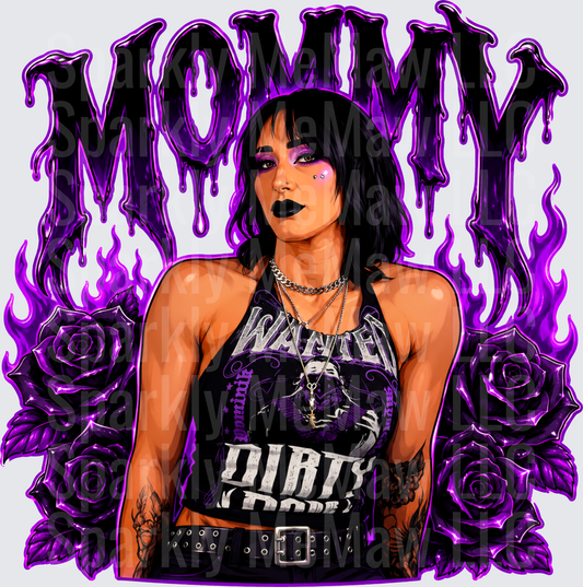Goth Mommy Dark Purple Drip Flames Black Roses Tattooed Woman DTF Transfer for fabrics