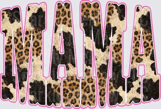 Mama Distressed Leopard Print Bold Letters with Pink Outline DTF Transfer for Fabrics