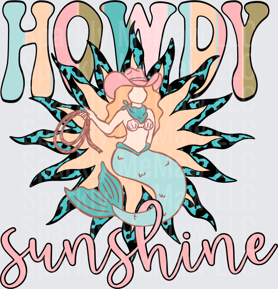 Howdy Sunshine Mermaid with Sunburst Background UV DTF Decal