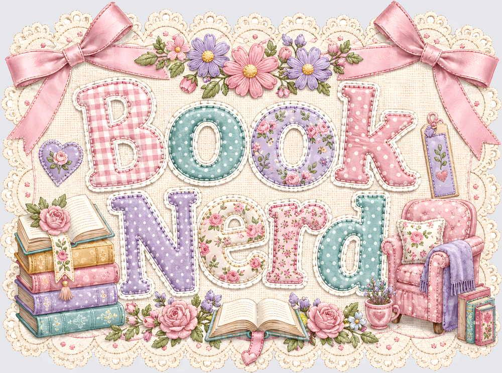Book Nerd Shabby Chic Patchwork Floral Reading Lover Design DTF Transfer for fabrics