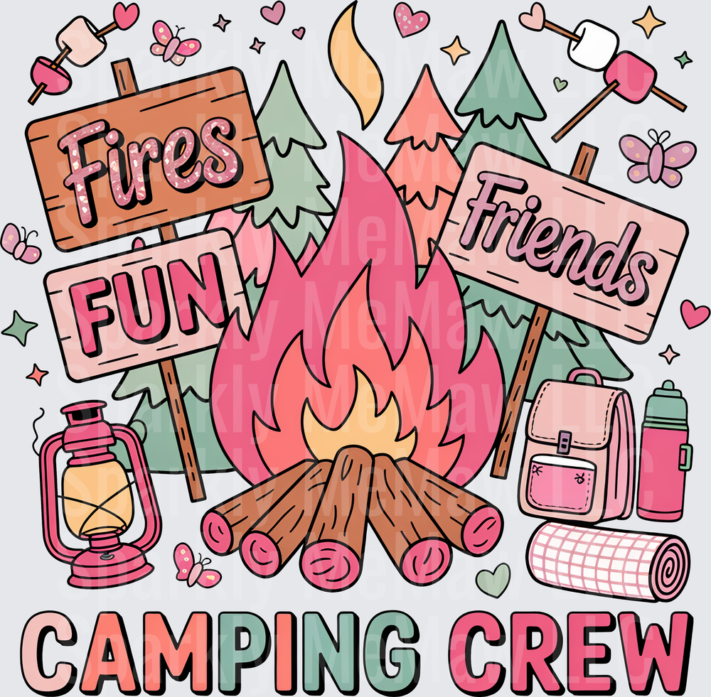 Camping Crew Fires Fun Friends Pink Campfire Adventure UV DTF Decal