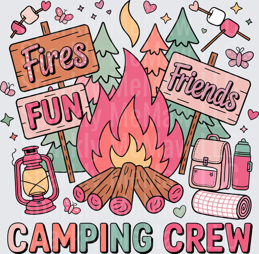 Camping Crew Fires Fun Friends Pink Campfire Adventure UV DTF Decal