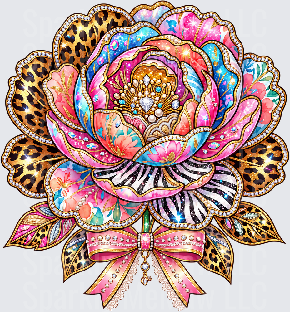Glam Jeweled Peony Bow DTF Transfer for Fabrics