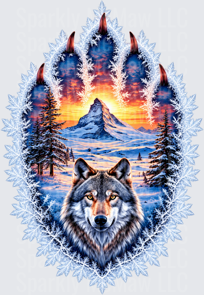 Wolf Paw Winter Mountain Sunset is a DTF Transfer for Fabrics