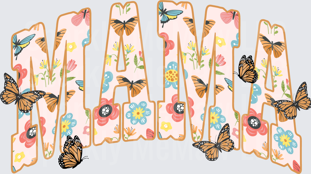 MAMA Letters with Monarch Butterflies and Floral Pattern UV DTF Decal