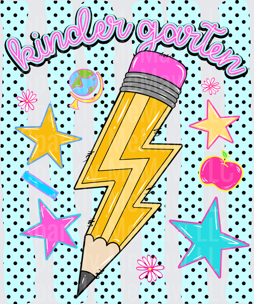 Kindergarten Lightning Bolt Pencil with Stars and School Elements DTF Transfer for Fabric