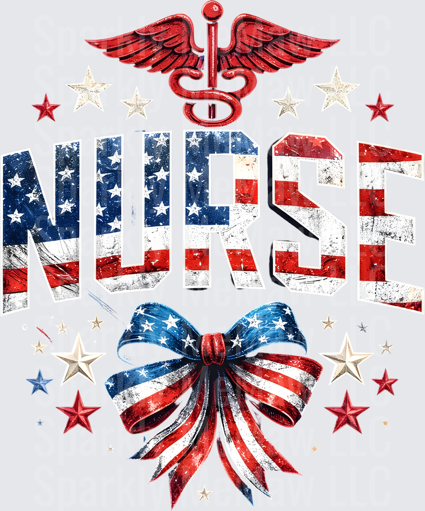 American Flag Nurse Medical Caduceus with Patriotic Bow and Stars UV DTF Decal