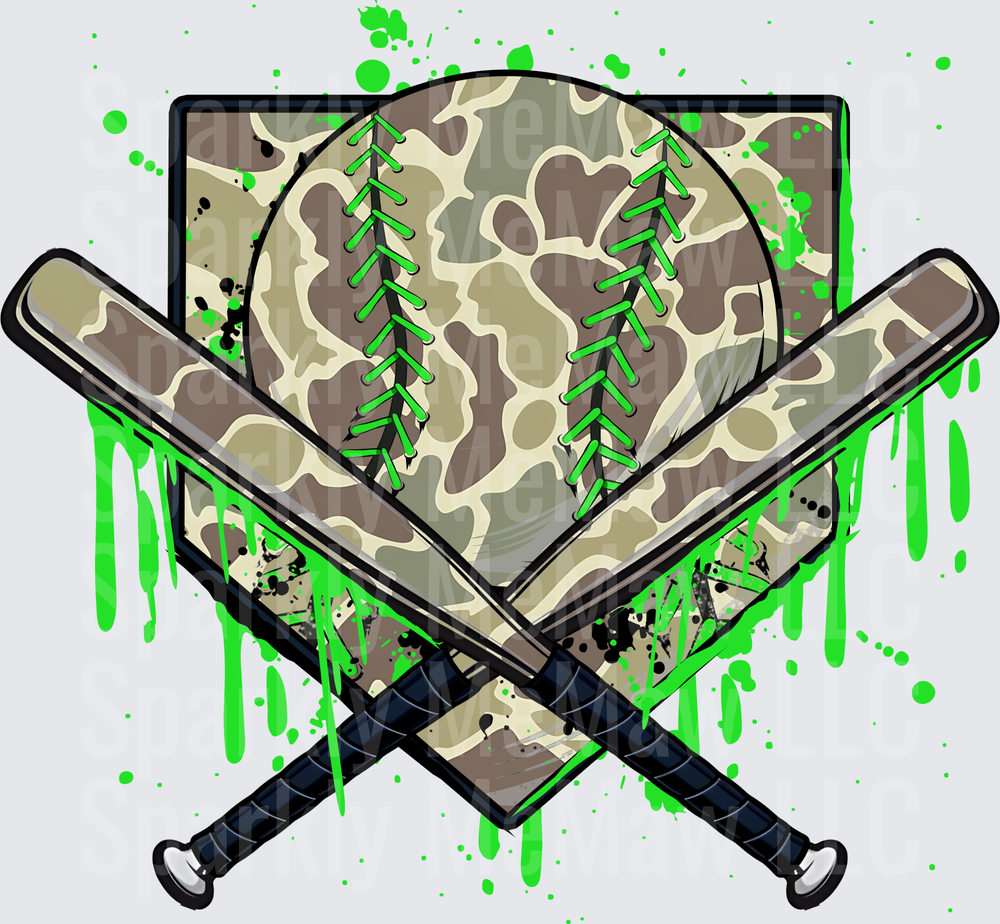 Camouflage Baseball with Crossed Bats Green Paint Drip Effect DTF Transfer for Fabric