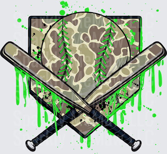 Camouflage Baseball with Crossed Bats Green Paint Drip Effect DTF Transfer for Fabric