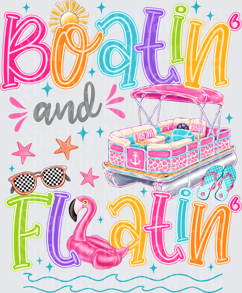 Boatin' and Floatin' Colorful Summer Pontoon Boat with Pink Flamingo Float Checkered Sunglasses and Flip Flops UV DTF Decal