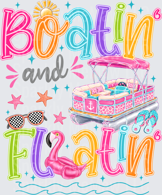 Boatin' and Floatin' Colorful Summer Pontoon Boat with Pink Flamingo Float Checkered Sunglasses and Flip Flops UV DTF Decal